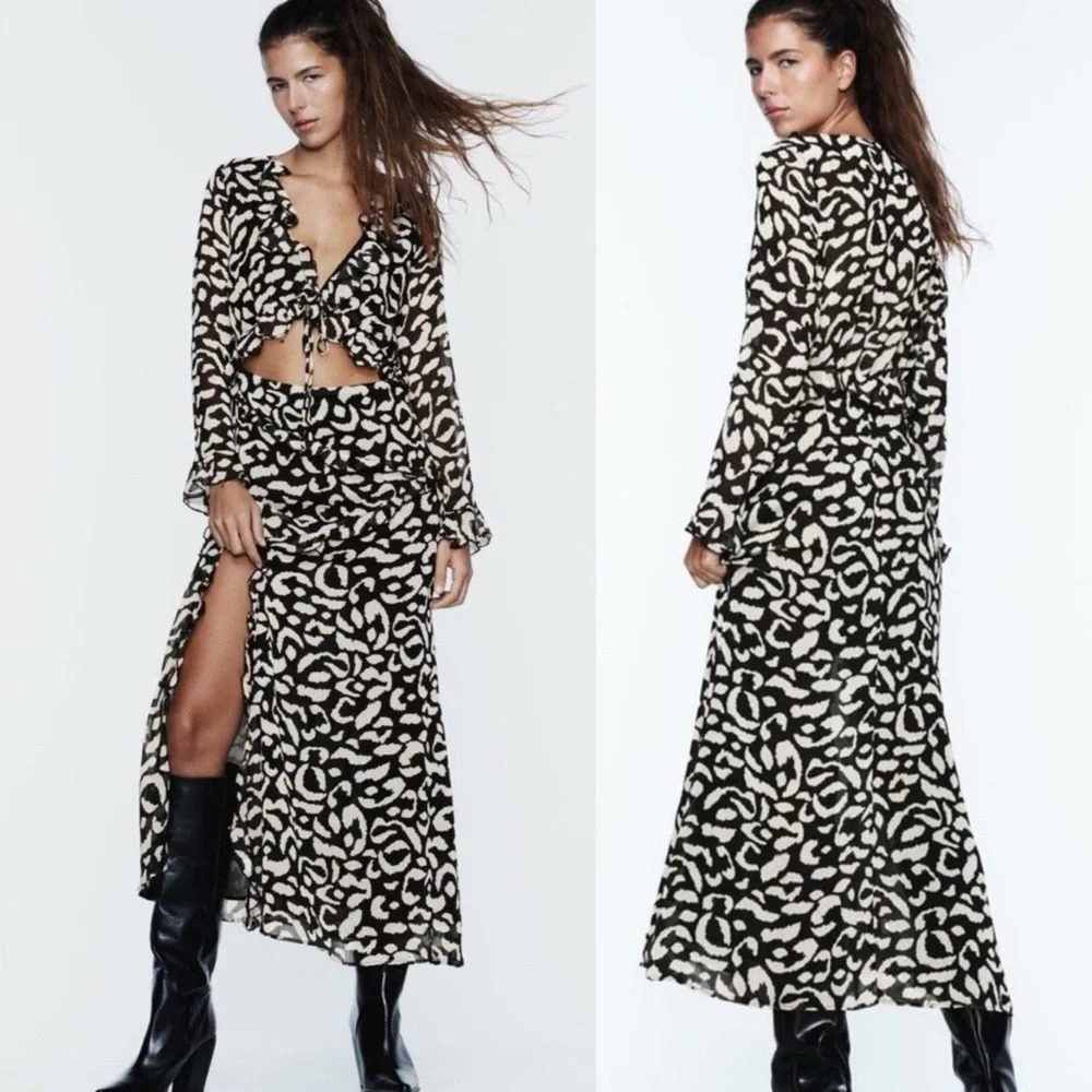 ZARA Blogger’s Favorite Cheetah Print Ruffle Slit Ruched Cutout Lined Midi Dress
